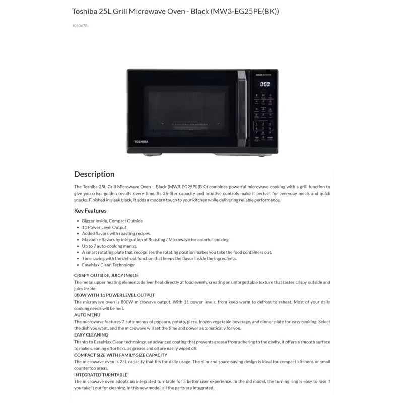 Toshiba MW3-EG25PE-BK 25L Grill & Microwave Oven