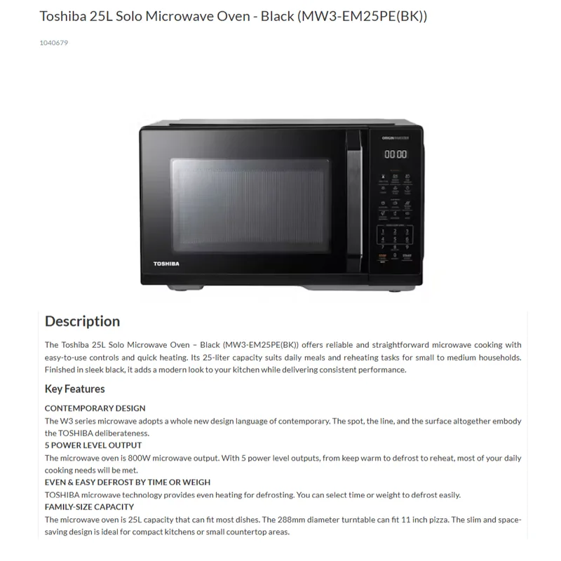 Toshiba MW3-EM25PE-BK 25L Microwave Oven