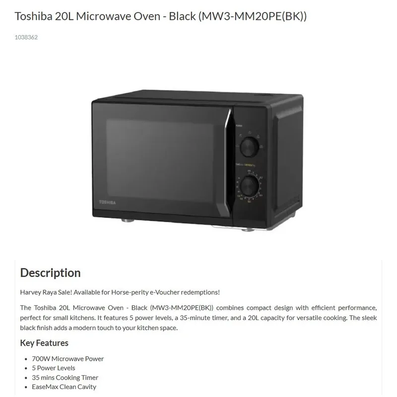 Toshiba MW3-MM20PE-BK 20L 700W Microwave Oven