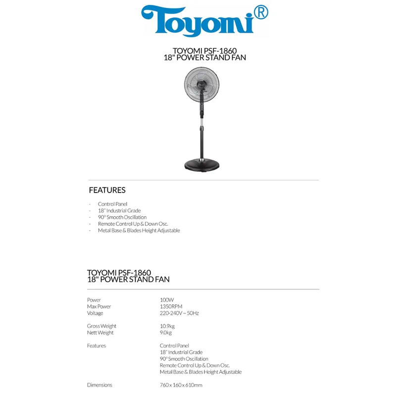 Toyomi PSF-1860 18" Power Stand Fan