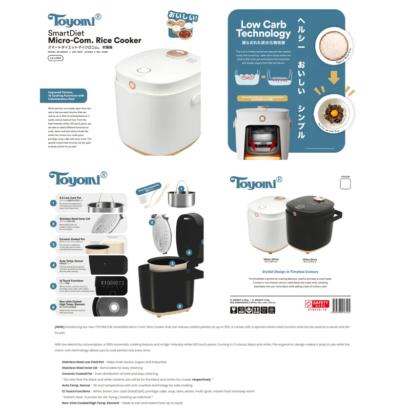 Toyomi RC-2080LC-BK 0.8L Smartdiet Micro-com Rice Cooker