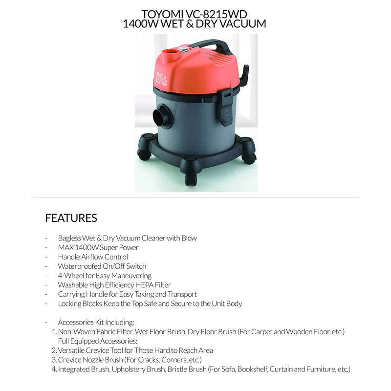 Toyomi VC-8215WD 1400W Wet & Dry Vacuum
