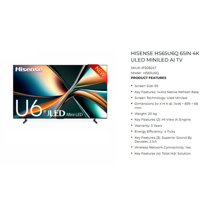 Hisense HS65U6Q 65" 4K ULED Mini LED AI TV