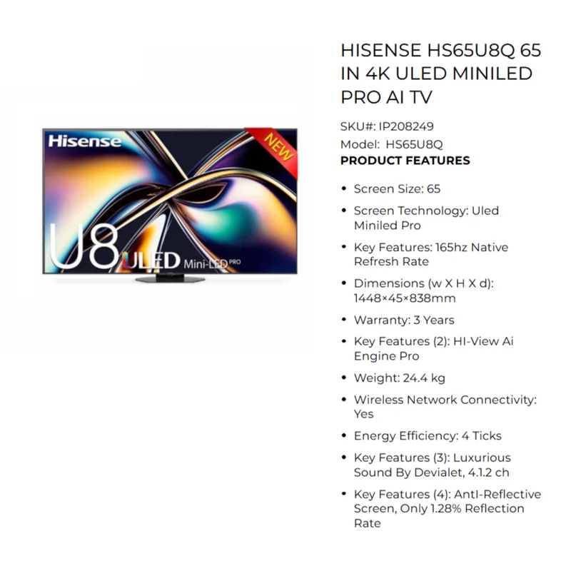 Hisense HS65U8Q 65" 4K ULED Mini LED Pro AI TV