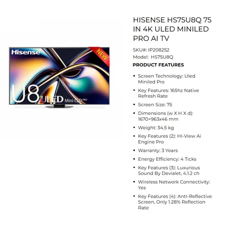 Hisense HS75U8Q 75" 4K ULED Mini LED Pro AI TV