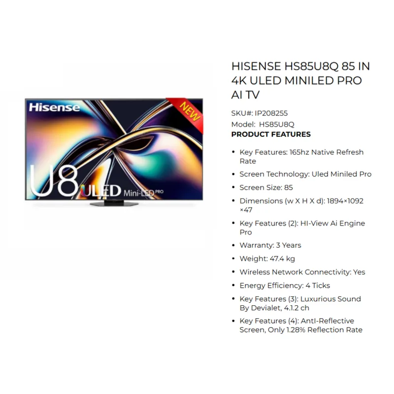 Hisense HS85U8Q 85" 4K ULED Mini LED Pro AI TV