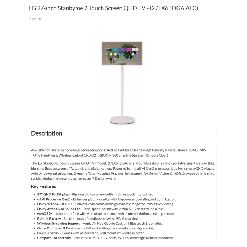 LG 27LX6TDGA StandbyME 2 27" Qhd ThinQ Touch Screen