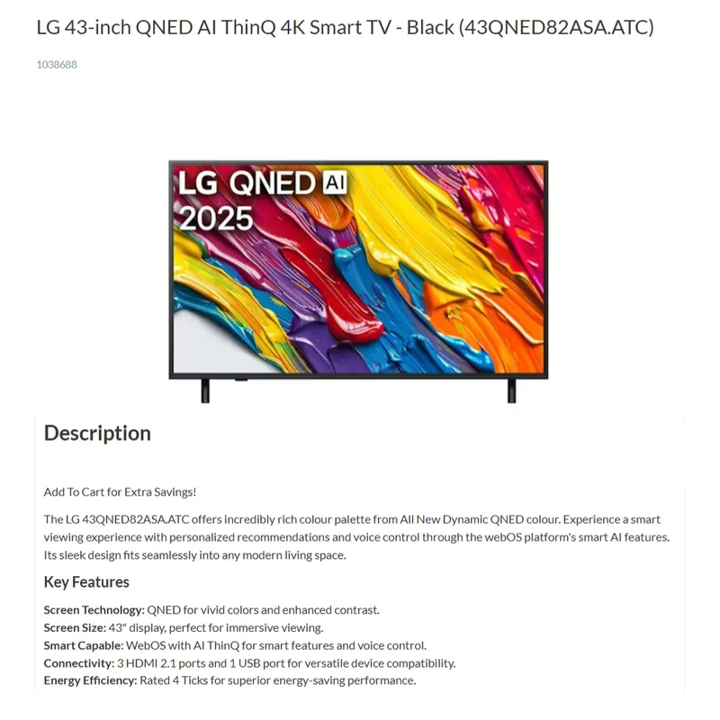 LG 43QNED82ASA 43" ThinQ AI 4K QNED TV