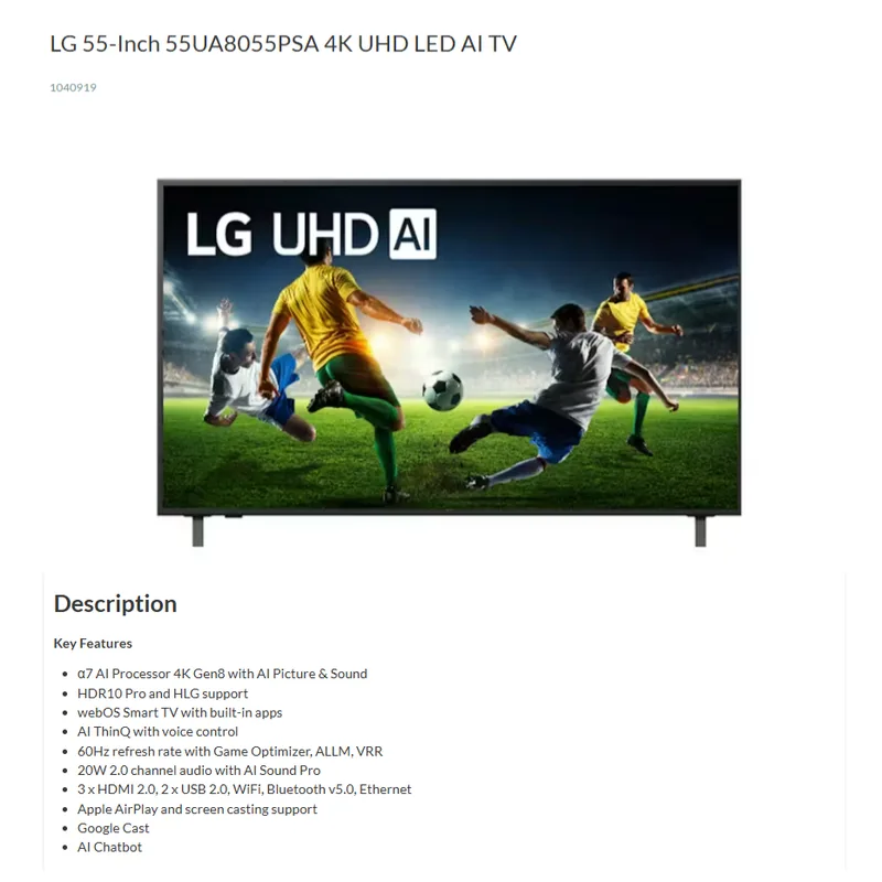 LG 55UA8055PSA 55" ThinQ AI 4K UHD LED TV
