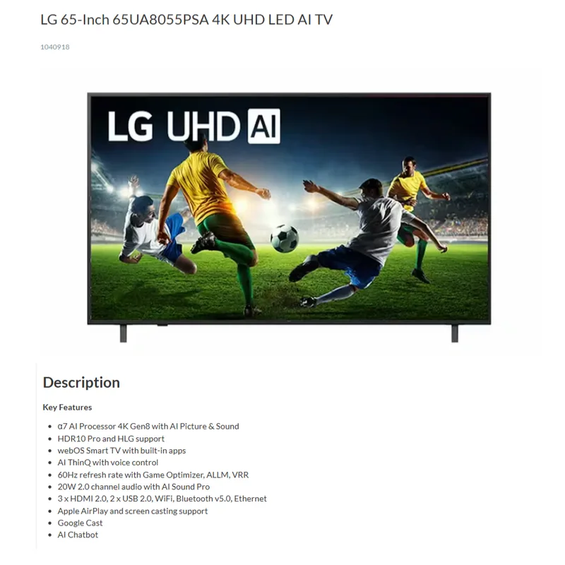 LG 65UA8055PSA 65" ThinQ AI 4K UHD LED TV