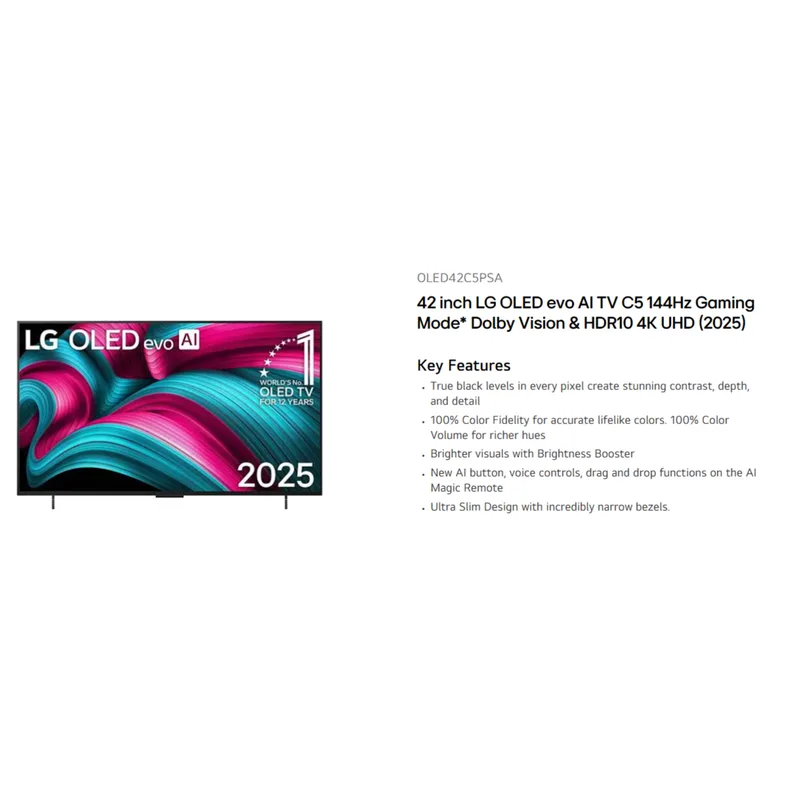 LG OLED42C5PSA 42" ThinQ AI 4K OLED Evo TV