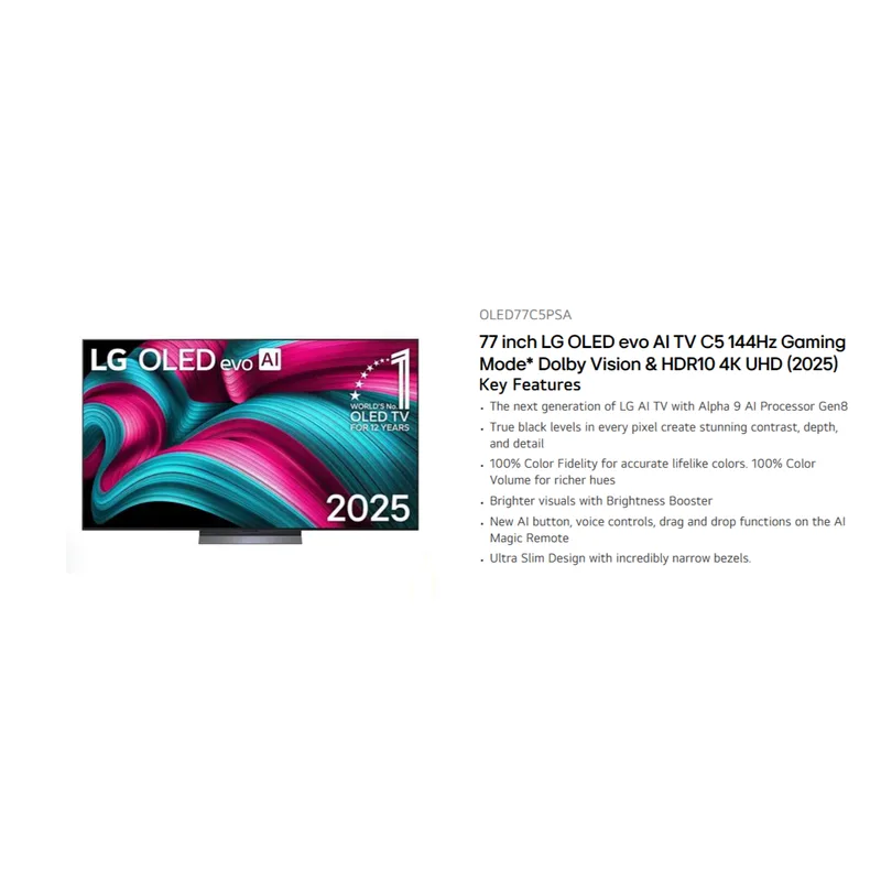 LG OLED77C5PSA 77" ThinQ AI 4K OLED Evo TV