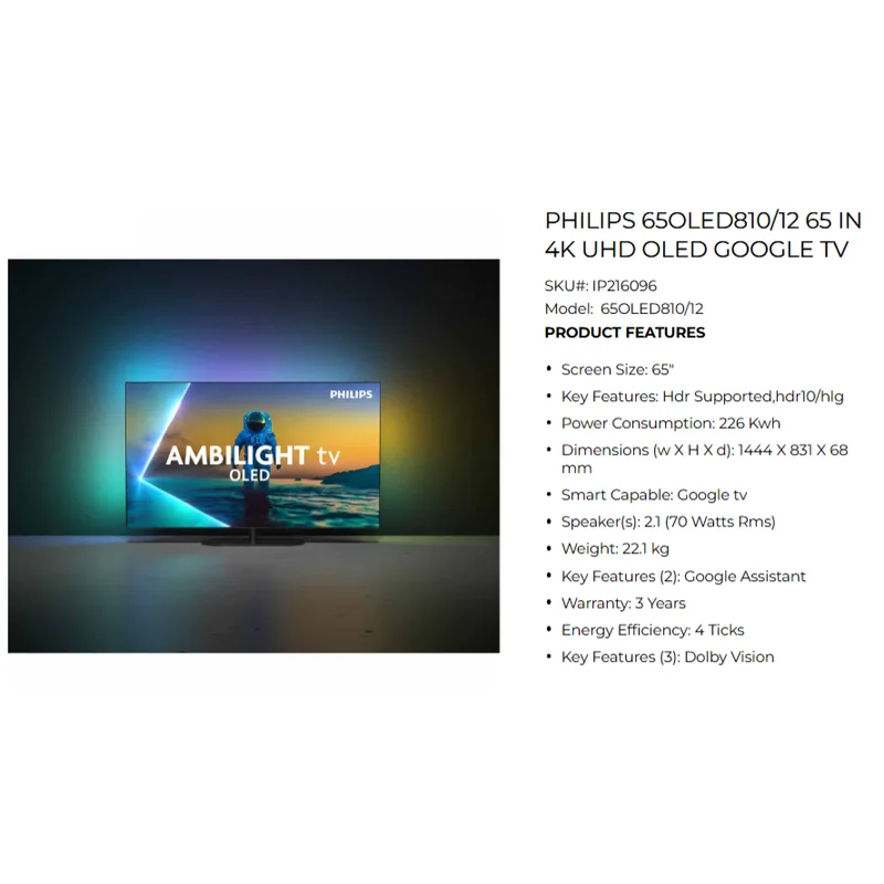 Philips 65OLED810/12 65" 4K UHD Google Ambilight OLED TV