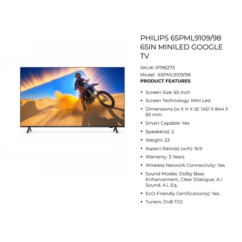 Philips 65PML9109/98 65" 4K Qd Mini LED Ambilight Google Smart LED TV