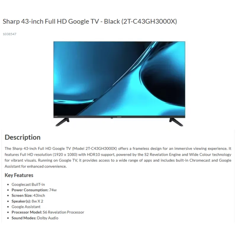 Sharp 2T-C43GH3000X 43" DVB-T2 FHD Google Smart LED TV