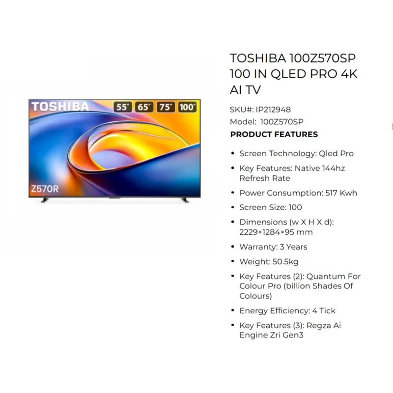 Toshiba 100Z570SP 100" QLED Pro 4K AI TV