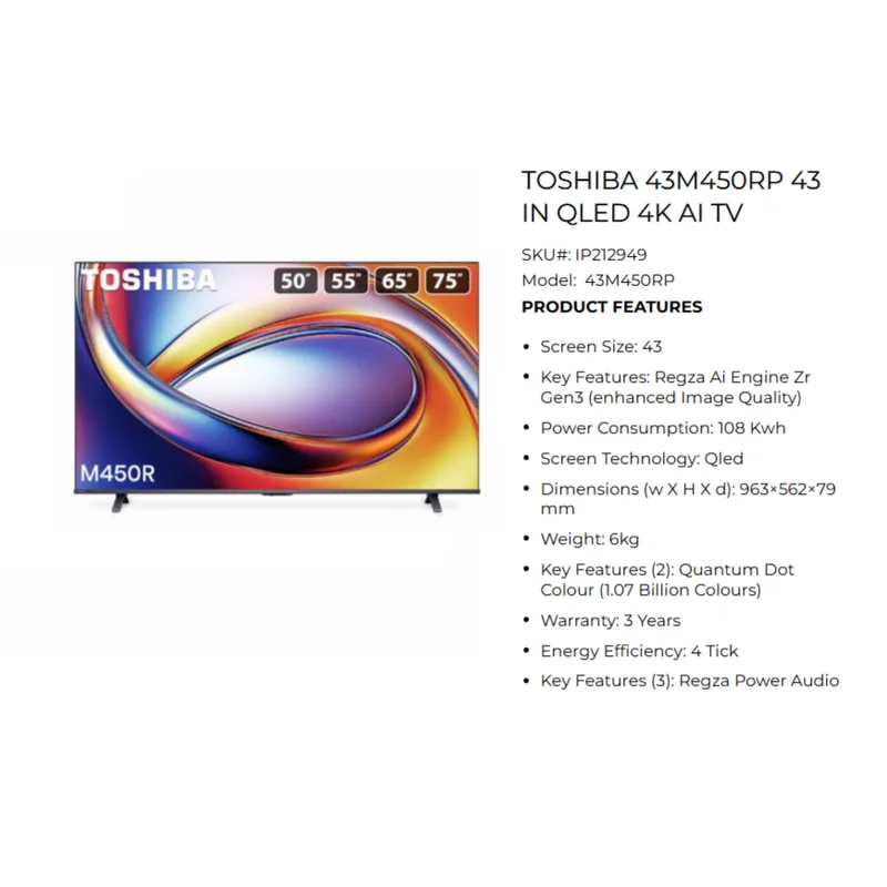 Toshiba 43M450RP 43" QLED 4K AI TV