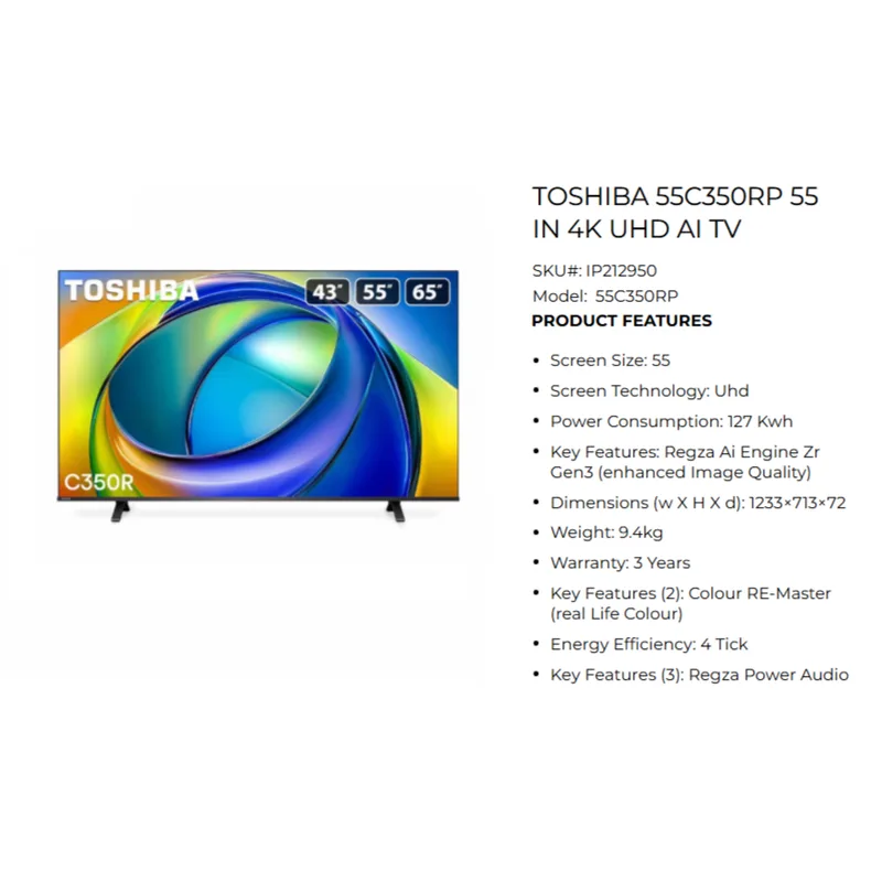 Toshiba 55C350RP 55" 4K UHD AI TV