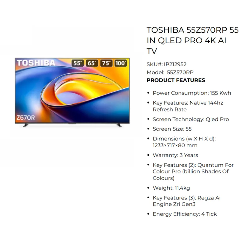 Toshiba 55Z570RP 55" QLED Pro 4K AI TV