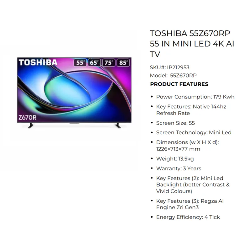 Toshiba 55Z670RP 55" Mini LED 4K AI TV