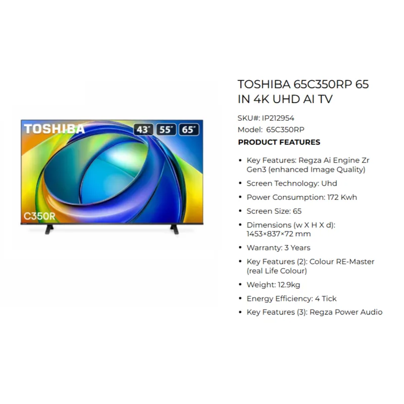 Toshiba 65C350RP 65" 4K UHD AI TV