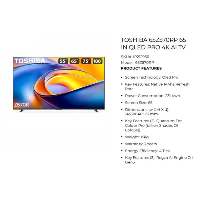 Toshiba 65Z570RP 65" QLED Pro 4K AI TV