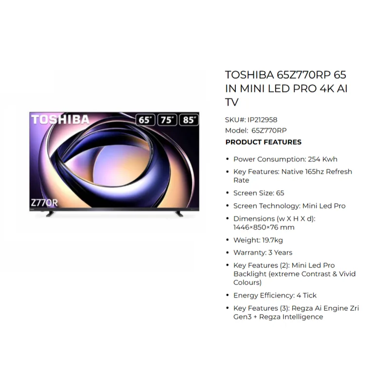 Toshiba 65Z770RP 65" Mini LED Pro 4K AI TV