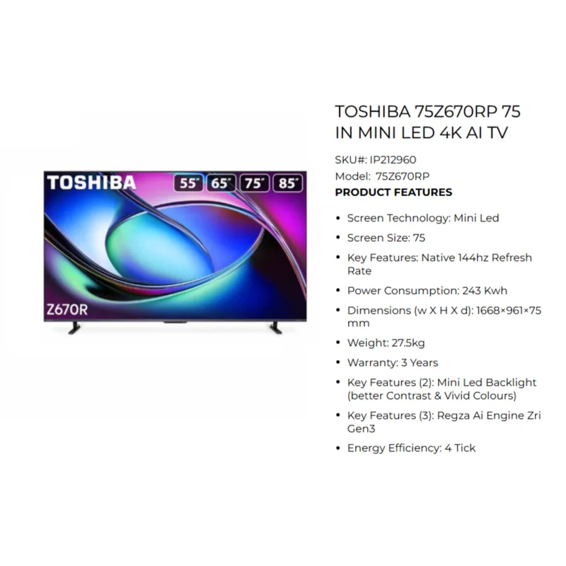 Toshiba 75Z670RP 75" Mini LED 4K AI TV