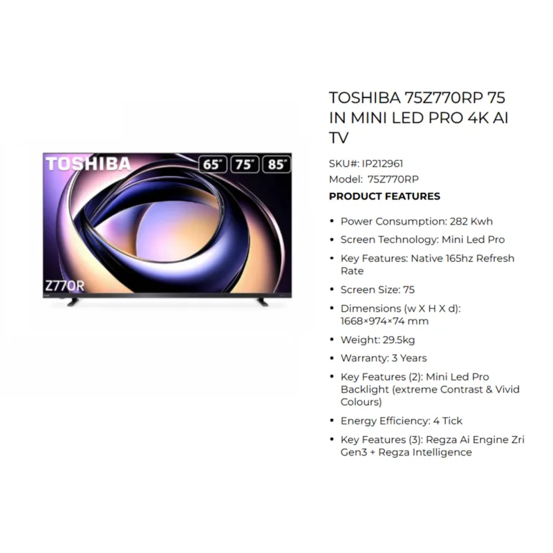 Toshiba 75Z770RP 75" Mini LED Pro 4K AI TV