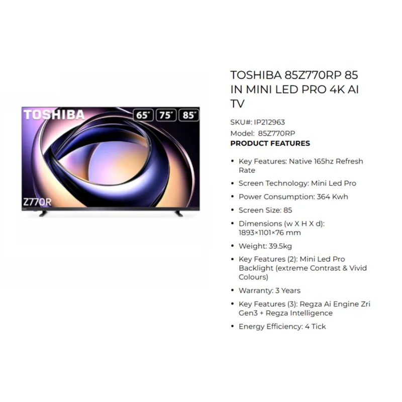 Toshiba 85Z770RP 85" Mini LED Pro 4K AI TV