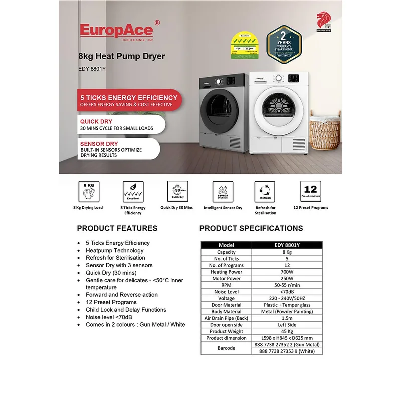 Europace EDY8801Y-WH 8KG Front Load Heat Pump Dryer