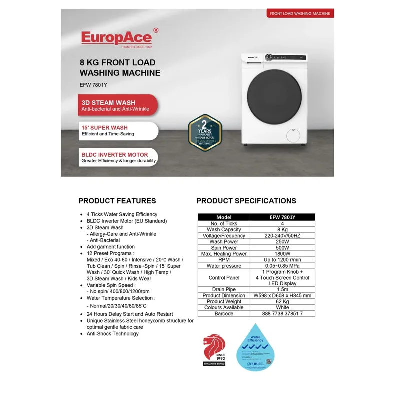 Europace EFW7801Y 8KG Front Load Washer