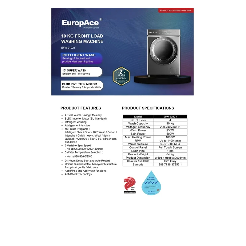 Europace EFW9102Y 10KG Front Load Washer