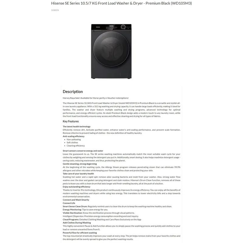 Hisense WD105M3 10.5/6KG Front Load Washer Dryer