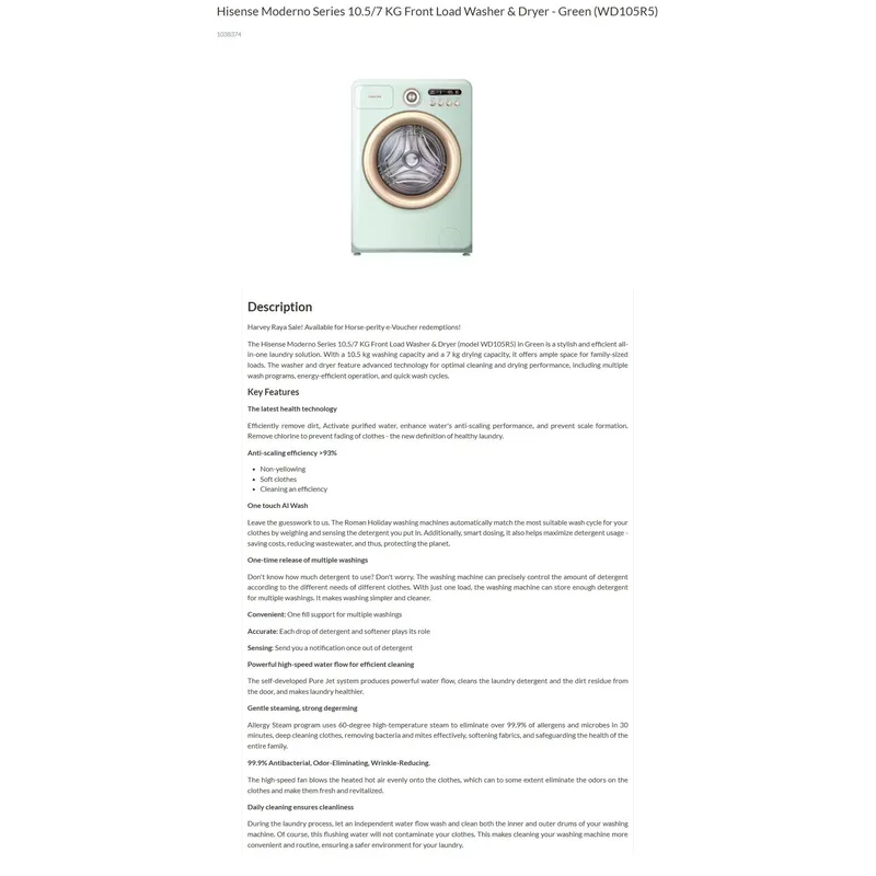 Hisense WD105R5 10.5/7KG Front Load Washer Dryer