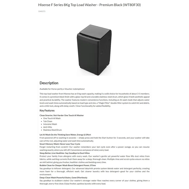 Hisense WT80F30 8KG Top Load Washer