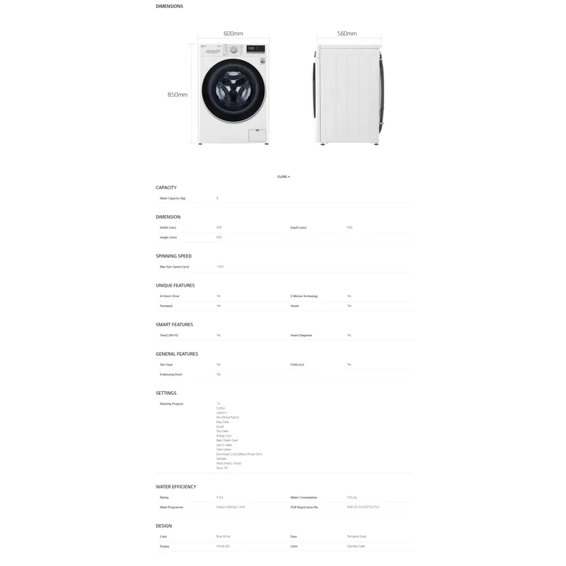 LG FV1408S4W 8KG Front Load Washer