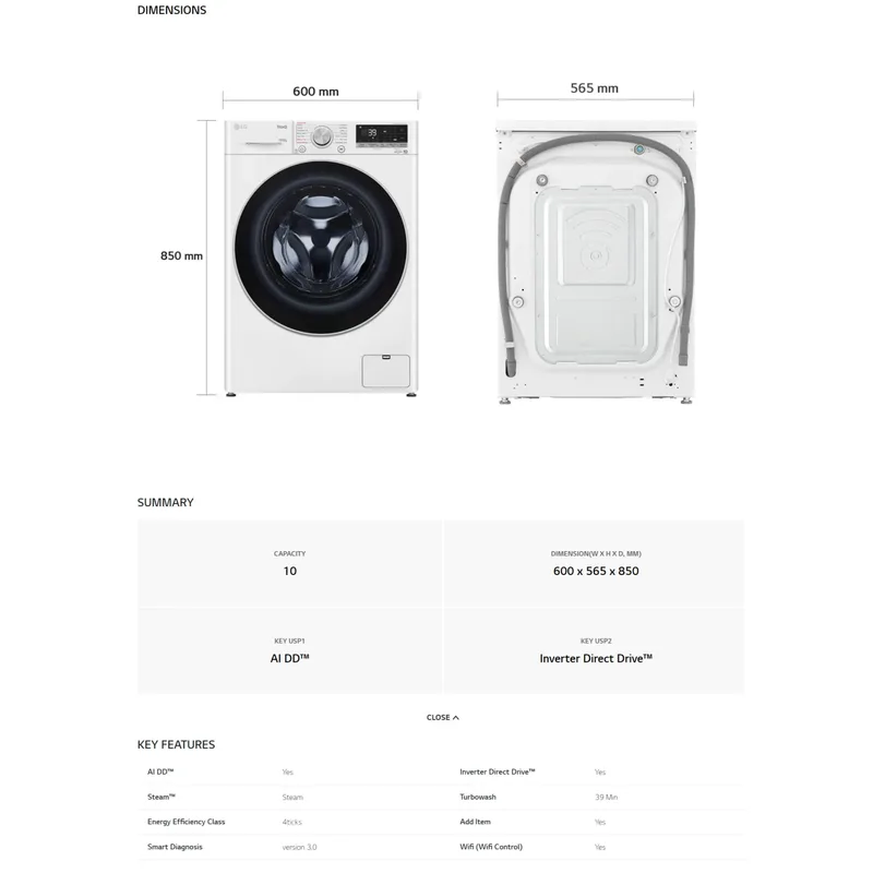 LG FV1410H3W 10/6KG Front Load Washer Dryer