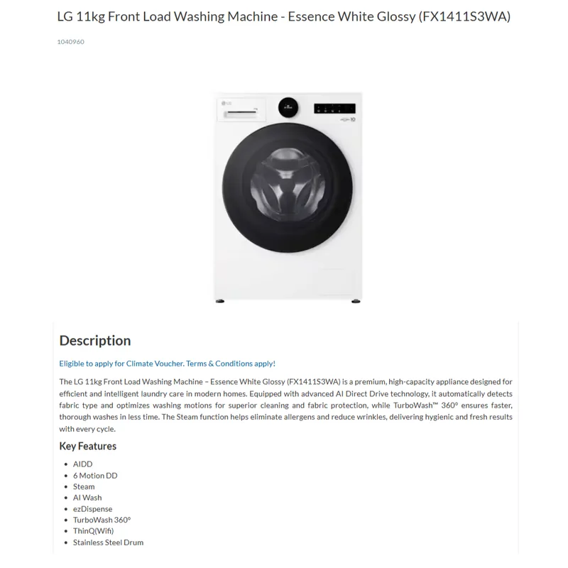 LG FX1411S3WA 11KG Front Load Washer