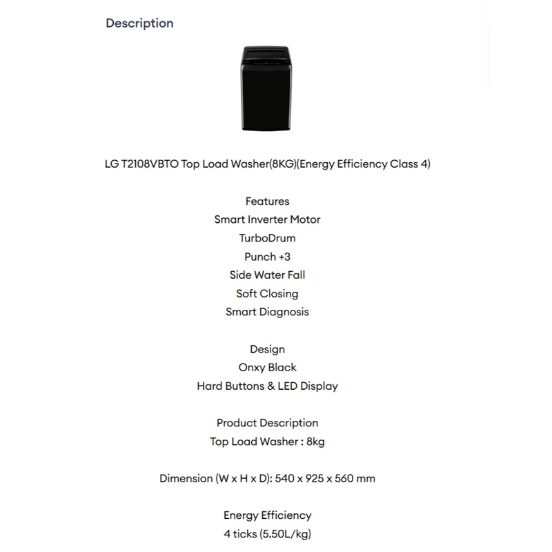 LG T2108VBTO 8KG Top Load Washer