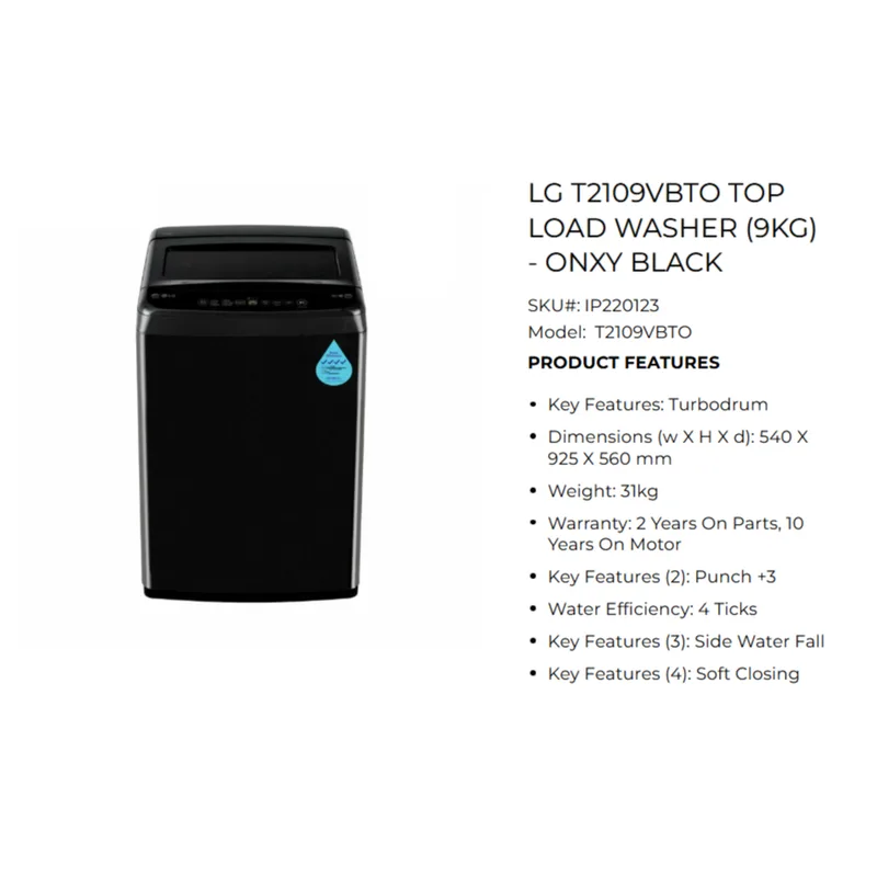 LG T2109VBTO 9KG Top Load Washer