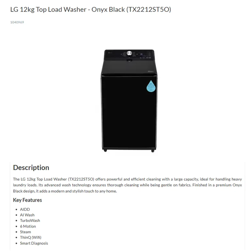 LG TX2212ST5O 12KG Top Load Washer