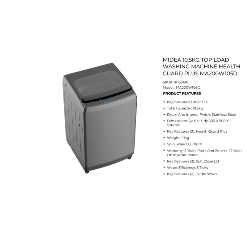 Midea MA200W105DT 10.5KG Top Load Washer