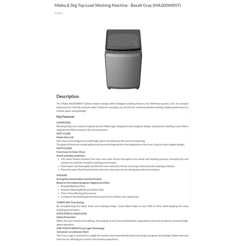 Midea MA200W85T 8.5KG Top Load Washer