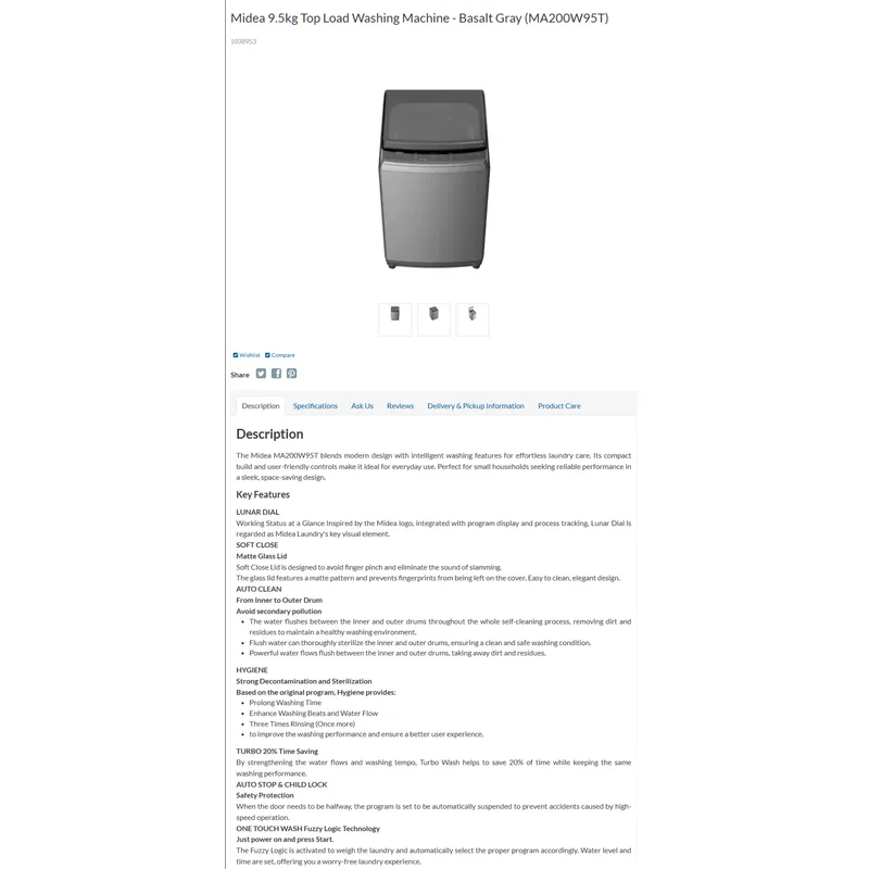 Midea MA200W95T 9.5KG Top Load Washer