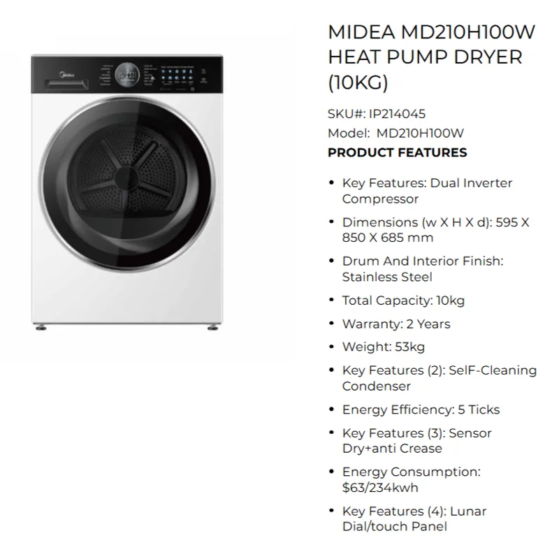 Midea MD210H100W 10KG Front Load Heat Pump Dryer