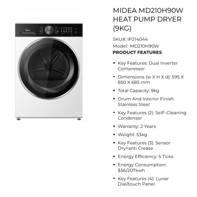 Midea MD210H90W 9KG Front Load Heat Pump Dryer