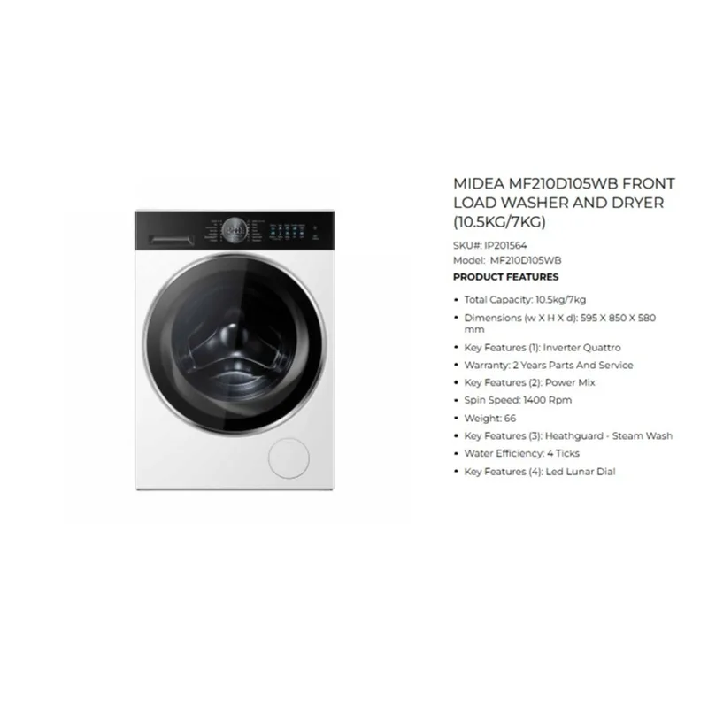 Midea MF210D105WB 10.5/7KG Front Load Washer Dryer