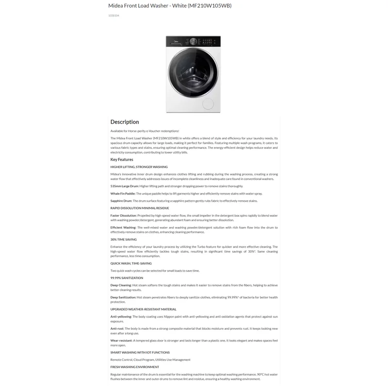 Midea MF210W105WB 10.5KG Front Load Washer