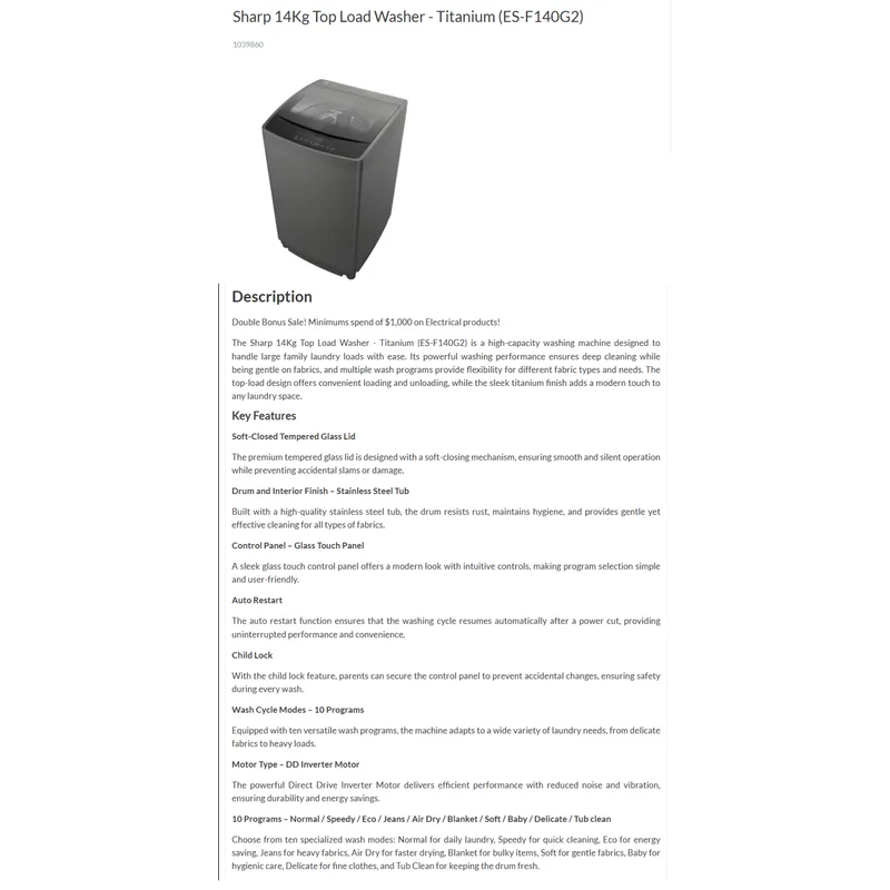 Sharp ES-F140G2 14KG Top Load Washer